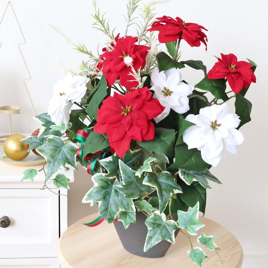 造花 インテリア ポインセチアとアイビーのポットアレンジ CT触媒加工