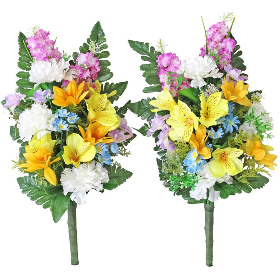 造花アレンジメント 花束 シルクフラワー 高さ約60㎝　花器32㎝ 造花 仏花 イエローのアルストロメリアとカーネーションの花束 一対 CT