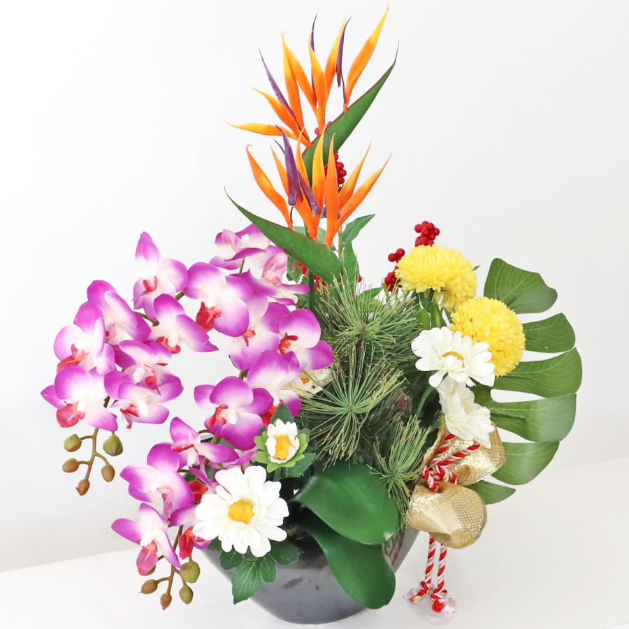 造花 ストレチアと胡蝶蘭の豪華なアレンジ お正月 シルクフラワー 玄関