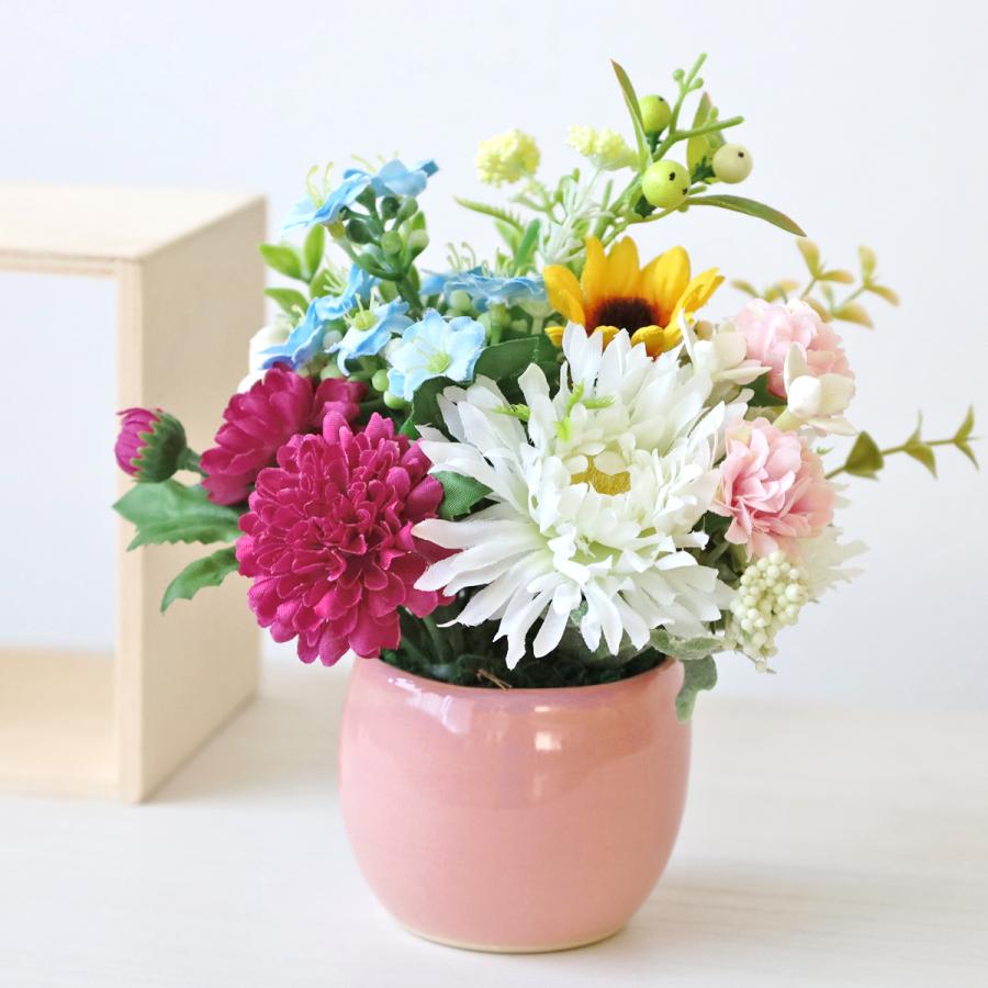 造花 春の小花とヒマワリのミニアレンジ シルクフラワー 梅春物 CT触媒