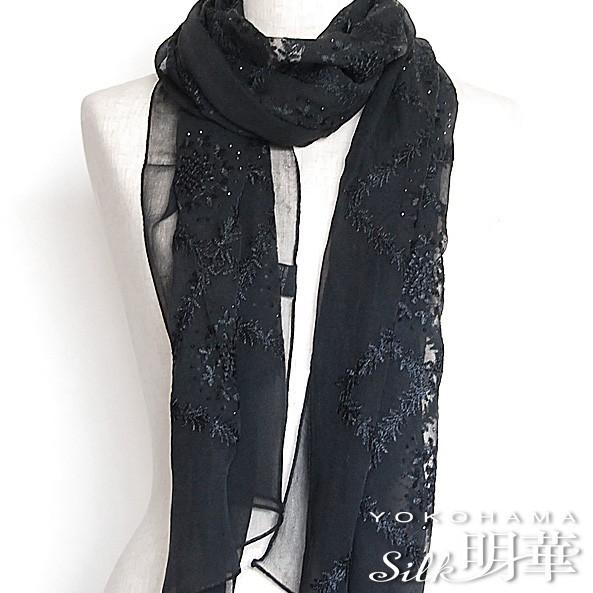 新品　大きいサイズ　花柄 黒 ストール　カシミヤシルクウール素材 ストール シルク レディース ブラック 総刺繍柄ー14607 : シルク明華