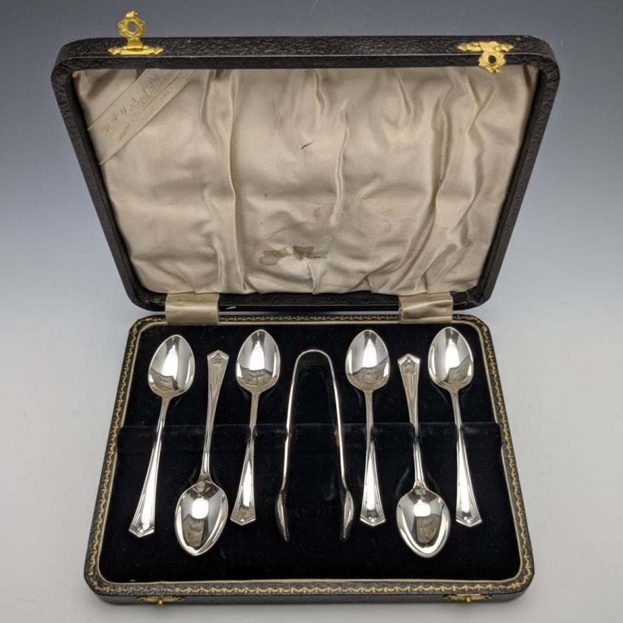 1938年 英国ヴィンテージ 純銀 925シルバー スプーン6本 トングセット ケース入り Angora Silver Plate 競売
