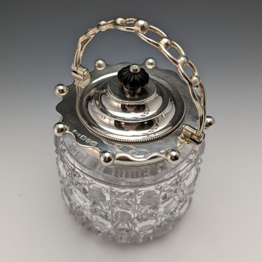 開催中開催中1894年 英国アンティーク 純銀蓋・ハンドル カットグラス ジャムポット 461g 保存容器、ケース 
