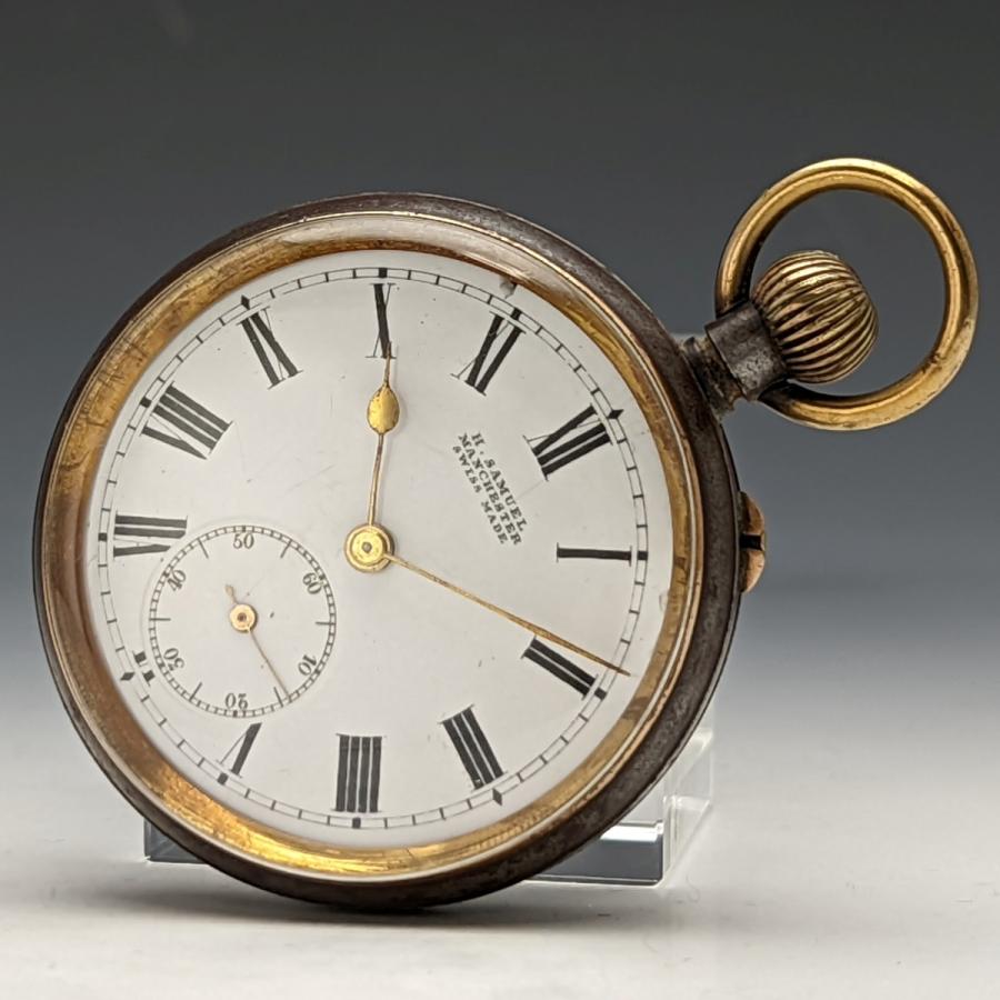 品質検査済 1900年頃 英国アンティーク 動作良好 H SAMUEL ガンメタルケース 上品なスタイル 懐中時計