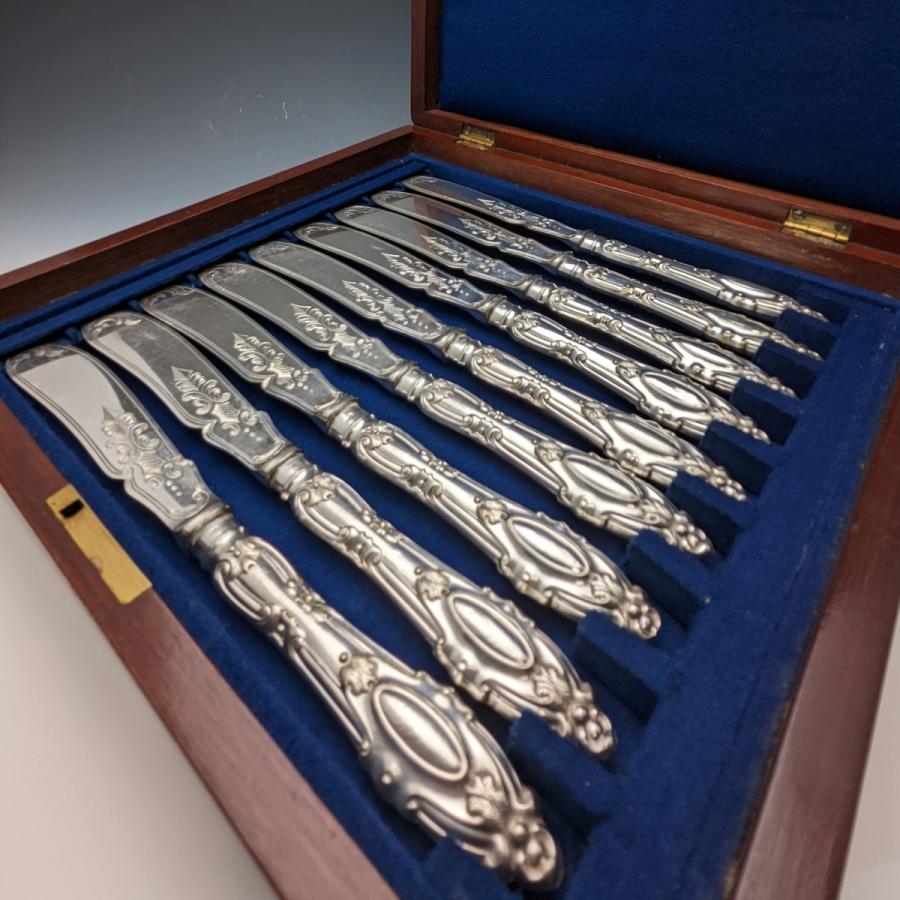 1850年頃 英国アンティーク シルバープレート ナイフx9セット Harrison Brothers & Howson 箱入り｜silver-lug｜02