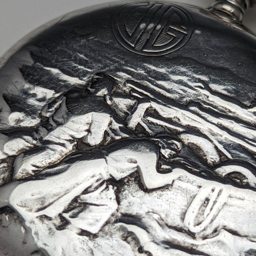 アンティーク スイス製 懐中時計 彫刻銀側オープンフェース 紙文字盤