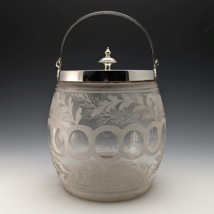 英国ヴィンテージ ビスケットバレル エッチングガラス シルバープレート蓋 英国ヴィンテージ カットガラス ビスケットバレル シルバー