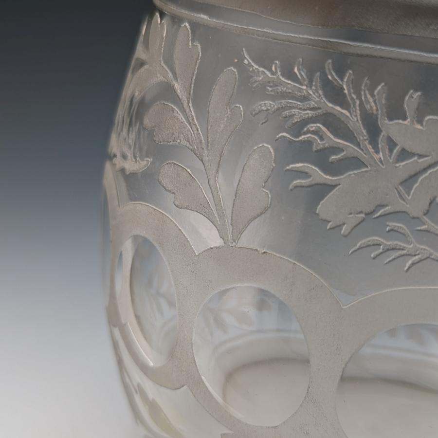 英国ヴィンテージ ビスケットバレル エッチングガラス シルバープレート蓋 英国ヴィンテージ カットガラス ビスケットバレル シルバー