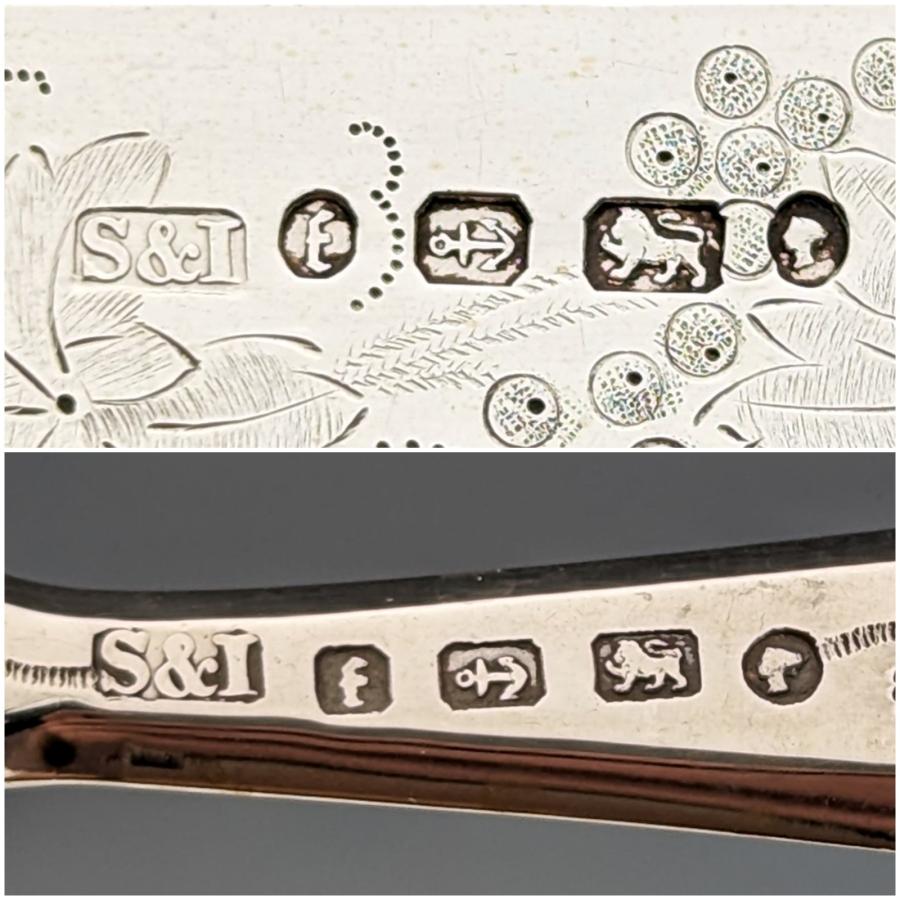 1880年 英国アンティーク 彫刻白蝶貝ハンドル デザートカトラリー3ペアセット Stokes & Ireland 1880年 英国アンティーク 彫刻白蝶貝ハンドル デザート
