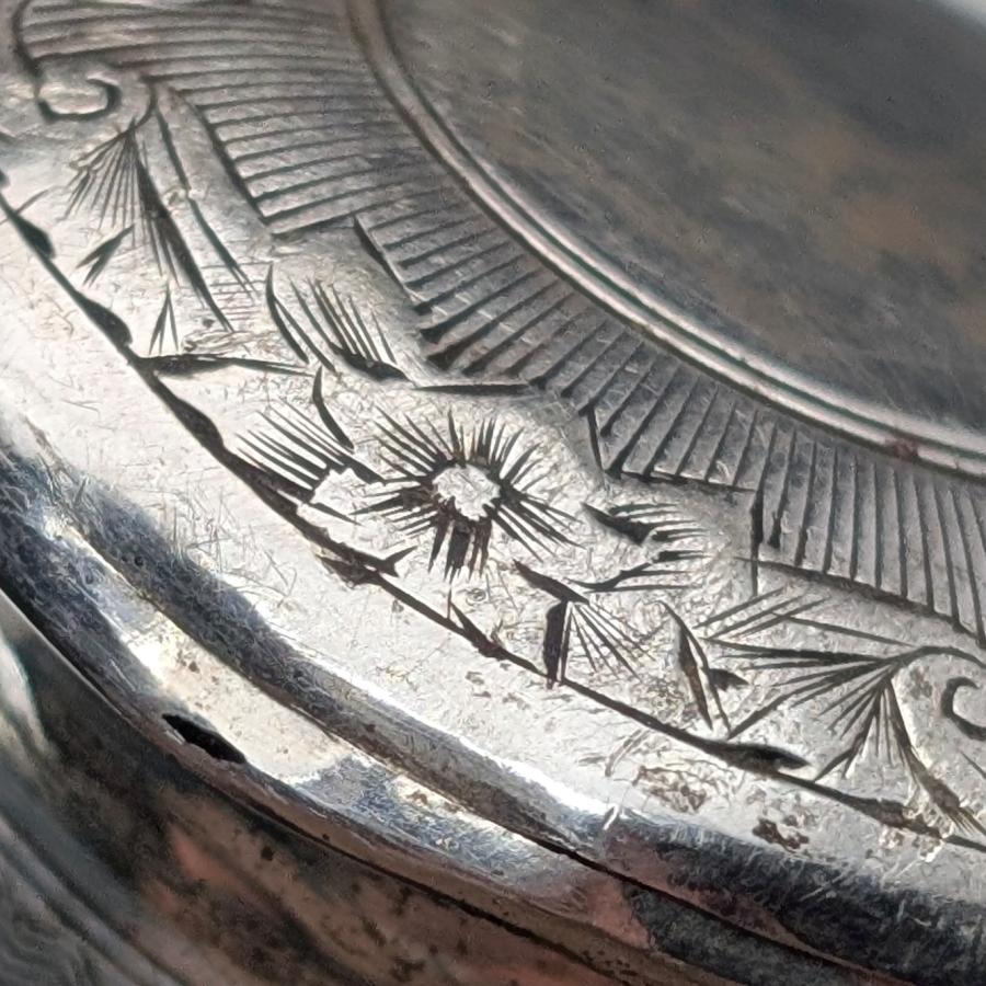 1874年 英国アンティーク ブラックシャフト 純銀彫刻ロンデルハンドル