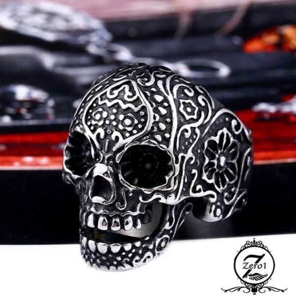 スカル リング メンズ ステンレス ドクロ 骸骨 ガイコツ ゴツイ系 トライバル az2 | 