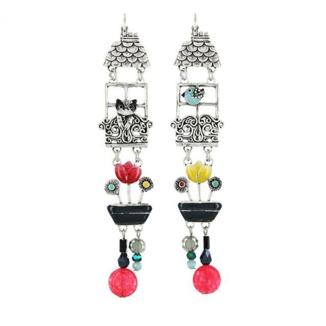 TARATATA　GRASSE MAT'シリーズ　猫と小鳥のロングピアス（フランス）