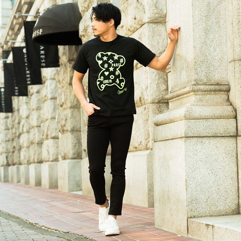 Tシャツ メンズ 半袖 クルーネック 細身 カットソー プリント ベア クマ モノグラム 蛍光色 黒 白 細身 春 夏 21luxe R Lg シルバーバレット 通販 Yahoo ショッピング