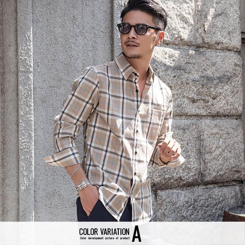 CavariA カジュアルシャツ メンズ 長袖 チェック柄 レギュラー