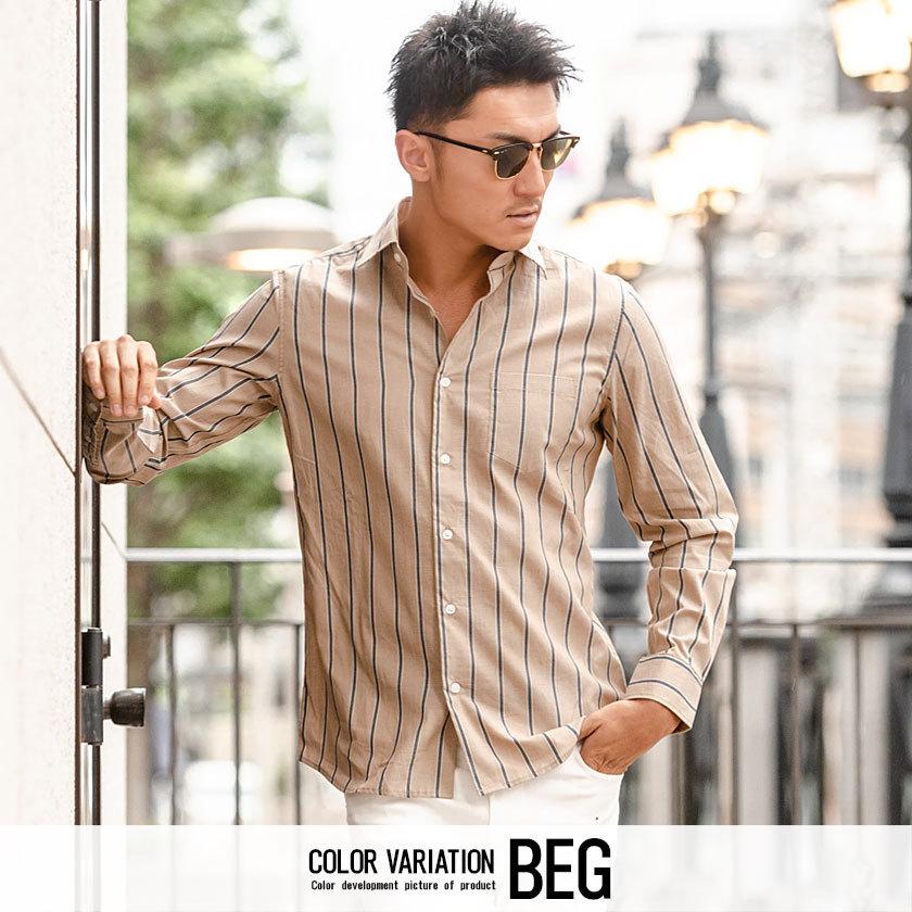 長袖シャツ メンズ ストライプシャツ レギュラーカラーシャツ ベージュ キレイめ カジュアル 秋 冬 春 21 代 30代 40代 50代 Cavaria Cags 28 シルバーバレット 通販 Yahoo ショッピング