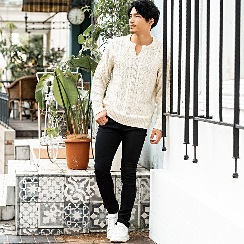 ニット メンズ セーター キーネック ケーブル編み 長袖ニット 白 黒 グレー ユニセックス M L Xl 秋 冬 Cavaria Cajp 08 シルバーバレット 通販 Yahoo ショッピング