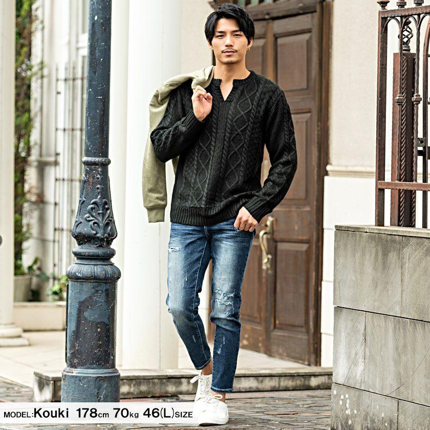 ニット メンズ セーター キーネック ケーブル編み 長袖ニット 白 黒 グレー ユニセックス M L Xl 秋 冬 Cavaria Cajp 08 シルバーバレット 通販 Yahoo ショッピング