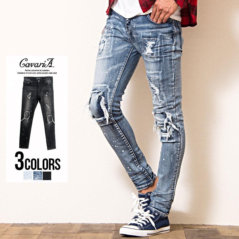 デニムパンツ メンズ スキニーパンツ Quot Cavariaペンキ飛ばしダメージ加工ストレッチスキニーデニムパンツ 全2色quot テーパード アンクル S M L Ll Xl 超人気