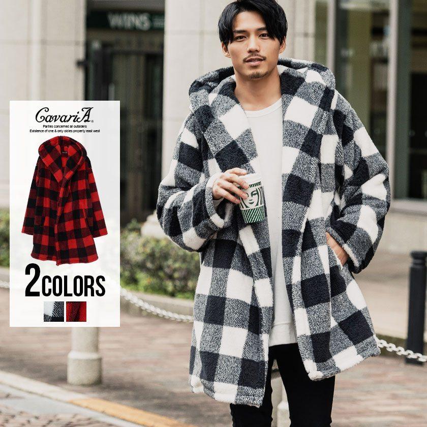 カーディガン メンズ コーディガン ボア Cavaria キャバリア 両面ボアチェック柄フード付き長袖カーディガン 全2色 ロングカーデ ガウン 秋 冬 Cang 44 シルバーバレット 通販 Yahoo ショッピング