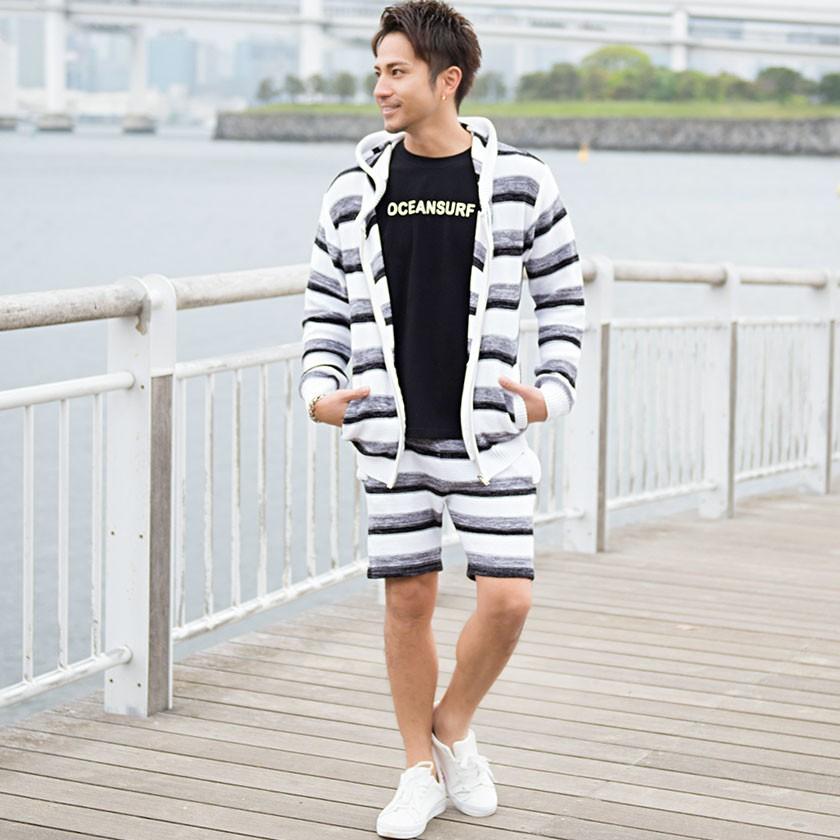 CavariA ハーフパンツ メンズ 膝上 キャバリア ニットボーダー