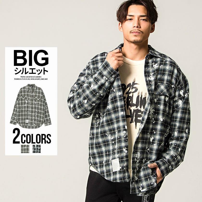 チェックシャツ メンズ Cavaria キャバリア ペンキ飛ばしビッグシルエットチェック柄長袖シャツ 全2色 カジュアルシャツ 大きめ ユニセックス 秋 冬 Care19 62 シルバーバレット 通販 Yahoo ショッピング