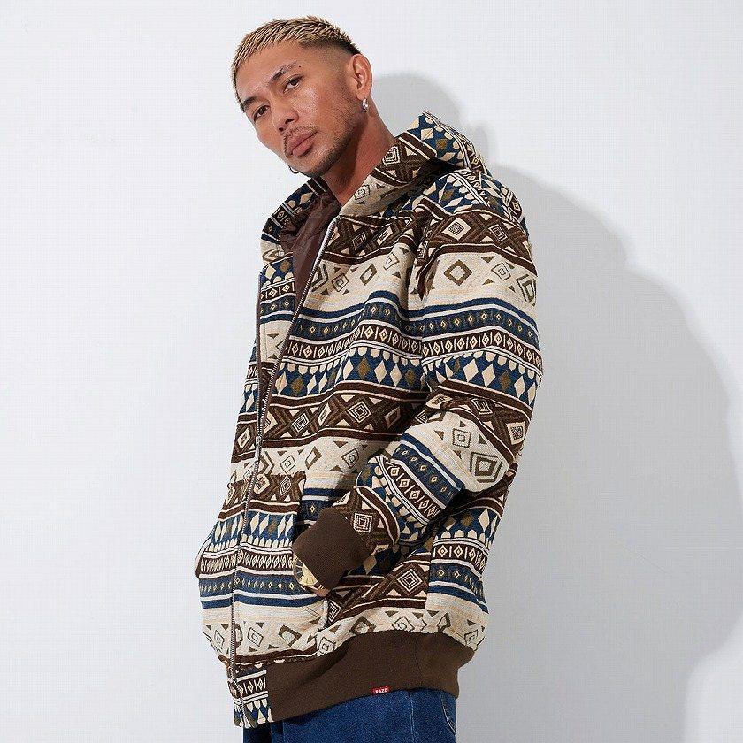 RAZZIS パーカー メンズ ネイティブ柄 ジップアップ ブラウン オレンジ