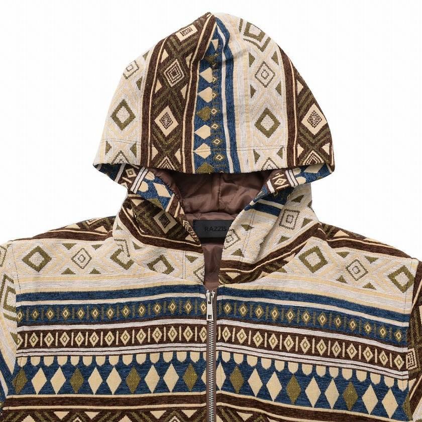 RAZZIS パーカー メンズ ネイティブ柄 ジップアップ ブラウン オレンジ