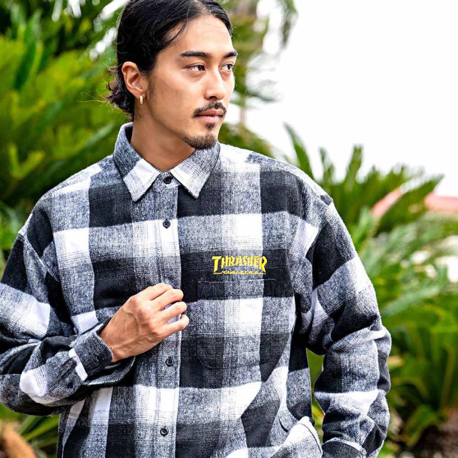 【極美品】MASTER MIND　刺繍ロゴリバーシブルチェックネルシャツ　L　茶 THRASHER（スラッシャー） ネルシャツ メンズ 厚手 長袖 チェック