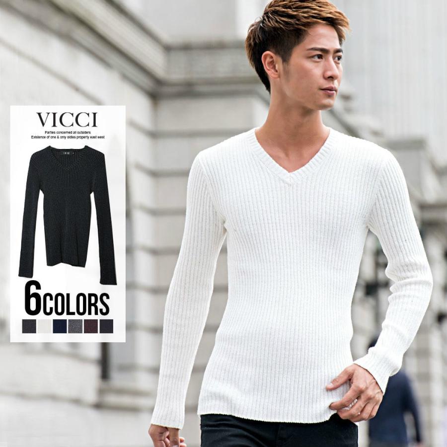 ニット メンズ Vネック VICCI ビッチ セーター リブ 細身 無地 グレー 黒 白 秋 冬 :VIB14-27:シルバーバレット