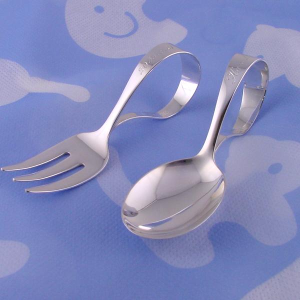 銀製 曲型無地ベビースプーン・フォークセット : シルバーオオノ