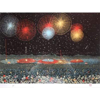 長岡の花火 版画 ジークレー １２号大 額装 切り絵 書画肆 しみづの山下清 その他版画 山下清