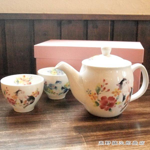 【ギフト】雑貨 食器 花猫ポット茶器セット CAT 湯呑 急須 F |  | 01
