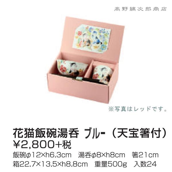 【ギフト】雑貨 食器 花猫飯椀湯呑(天宝箸付)セット ブルー 青 CAT 湯呑 ちゃわん F |  | 01