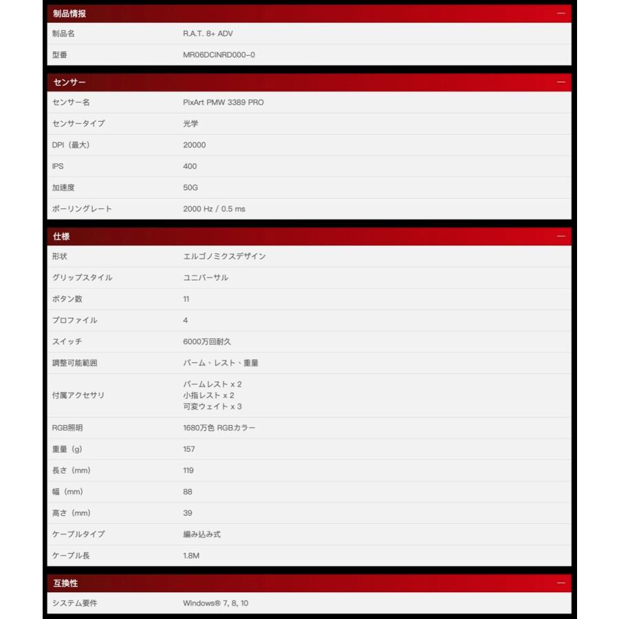 Mad Catz R.A.T. 8+ ADV レッド ゲーミングマウス 有線 11ボタン RAT MR06DCINRD000-0J  (06) | MAD CATZ | 06