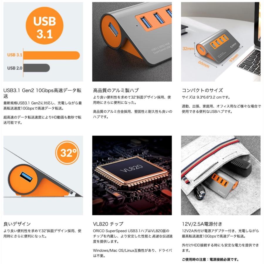 ORICO M3H4-G2 USB3.1ハブ Gen2 4ポート USBハブ 12V2A 10Gbps高速転送 オリコ (05) |  | 02
