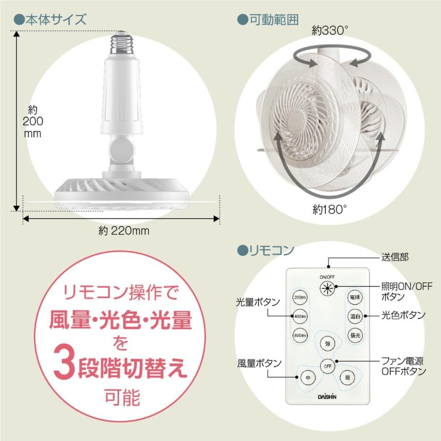 ファン付 LEDライト E26 ソケットタイプ リモコン付き 風量 3段階 800lm シーリングファン (F) |  | 08