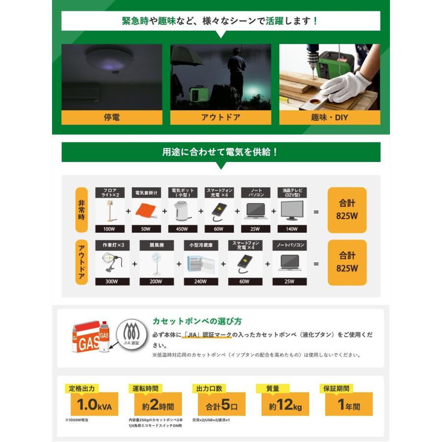 エネスター GEN-1000 カセットガス 発電機 ガスボンベ 9本 + エンジンオイル 1本付 USB GEN1000 (12) |  | 03