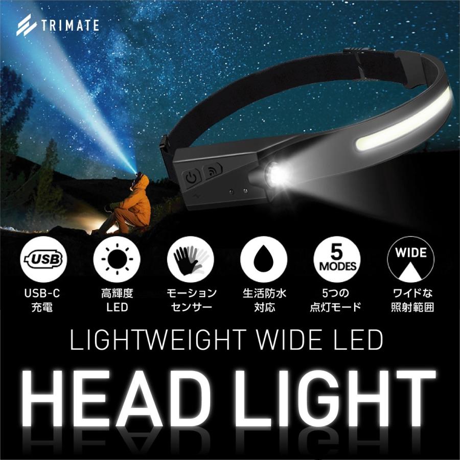 TRM-HD003 充電式 ヘッドライト 超軽量 タッチレスセンサー 350ルーメン 5モード 調光 LED フリーサイズ (05) |  | 01