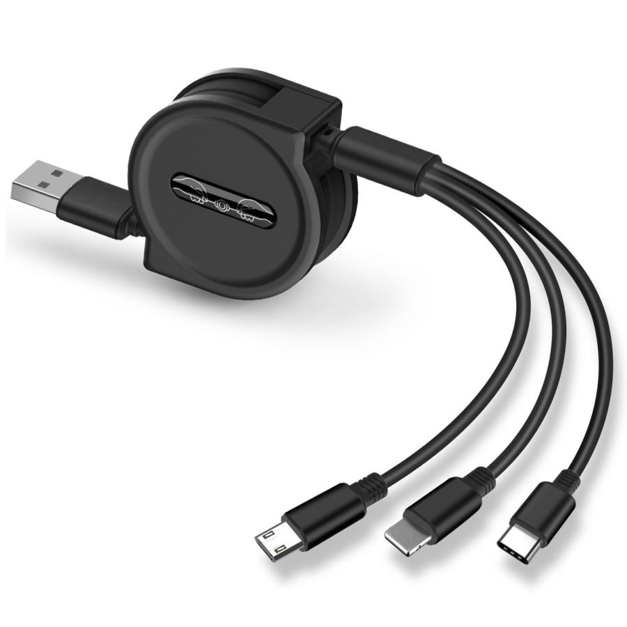 TR-UC002-BK 3in1 USBケーブル 巻き取り式 120cm 充電用 Type-A Lightning Type-C microUSB ブラック (C) | 