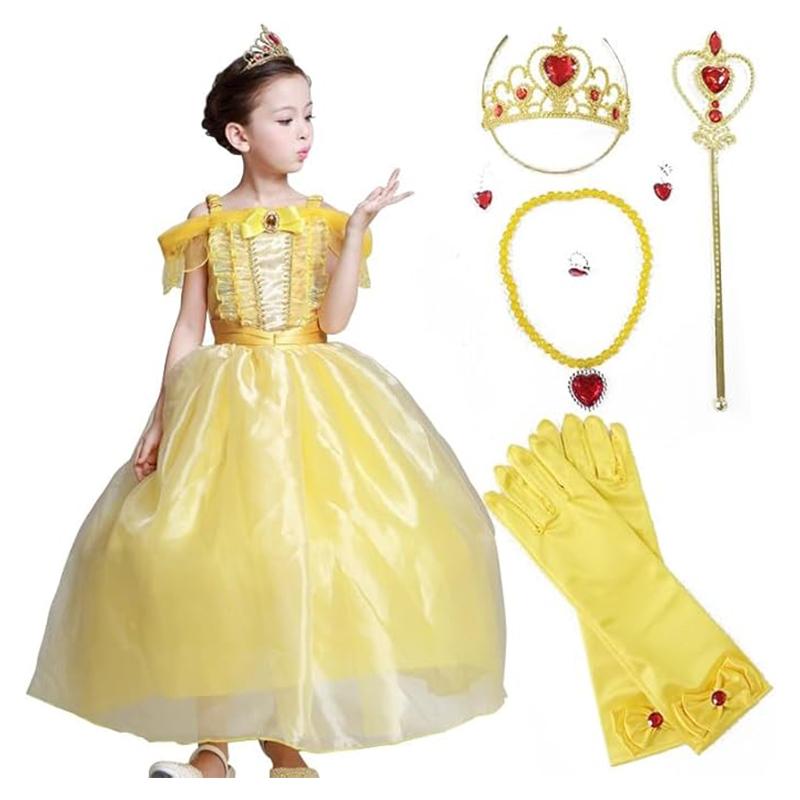 プリンセスドレス 衣装 コスチューム ドレス イエロー キッズ 子供用 8点セット 収納袋 付き お姫様ドレス ハロウィン 仮装 送料無料 | 
