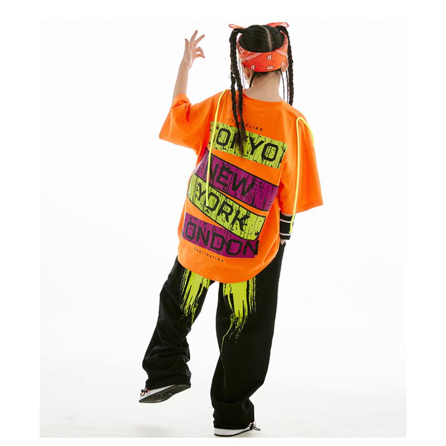 キッズ ダンス 衣装 オレンジ 黄緑 黒 ヒップホップ ダンス衣装