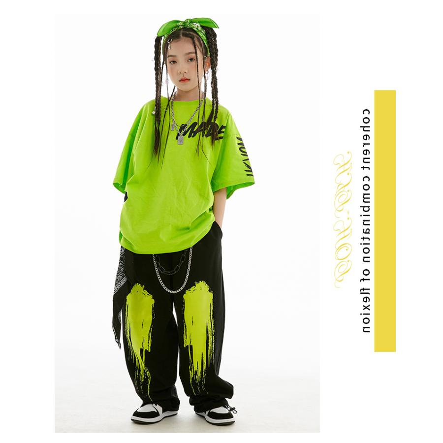 キッズ ダンス 衣装 オレンジ 黄緑 黒 ヒップホップ ダンス衣装