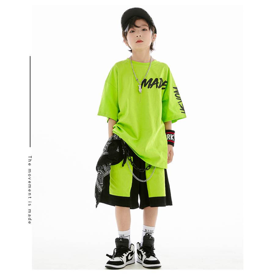 キッズ ダンス 衣装 オレンジ 黄緑 黒 ヒップホップ ダンス衣装