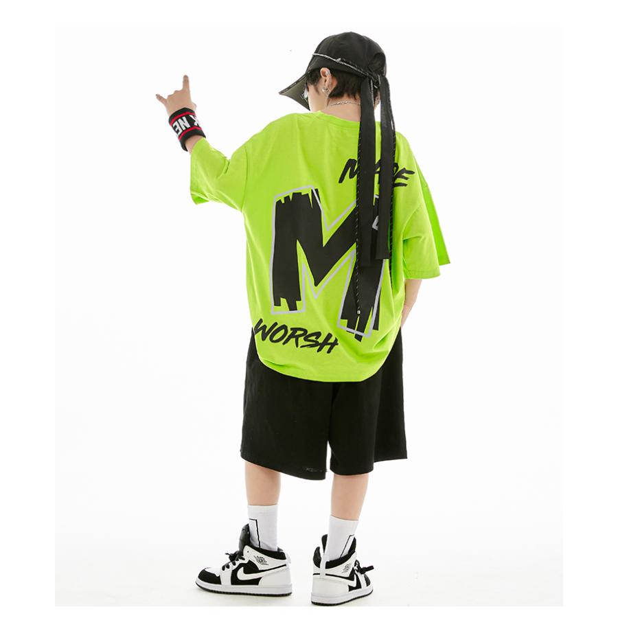 キッズ ダンス 衣装 オレンジ 黄緑 黒 ヒップホップ ダンス衣装 セットアップ 子供ダンス服 派手 韓国 K-POP hiphop レッスン着 Tシャツ パンツ｜sims-mart｜09