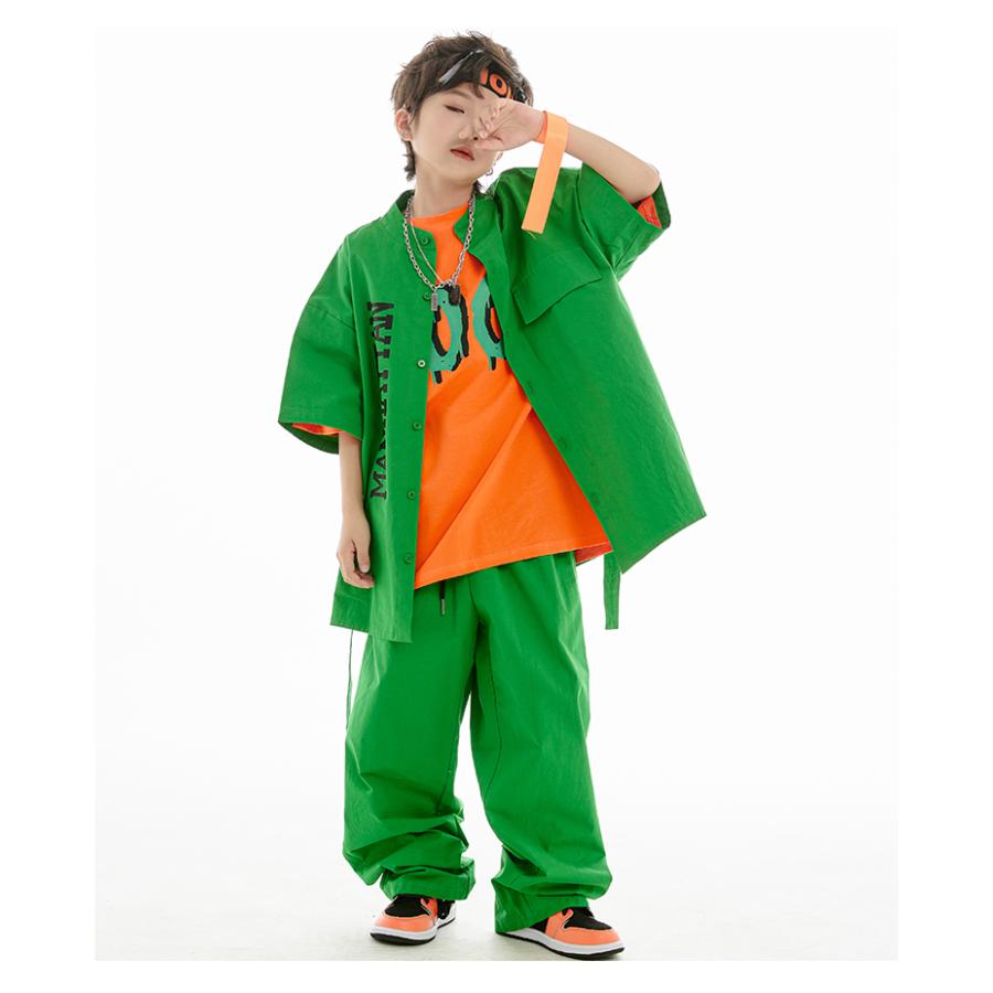 キッズ ダンス 衣装 オレンジ 緑 ヒップホップ ダンス衣装