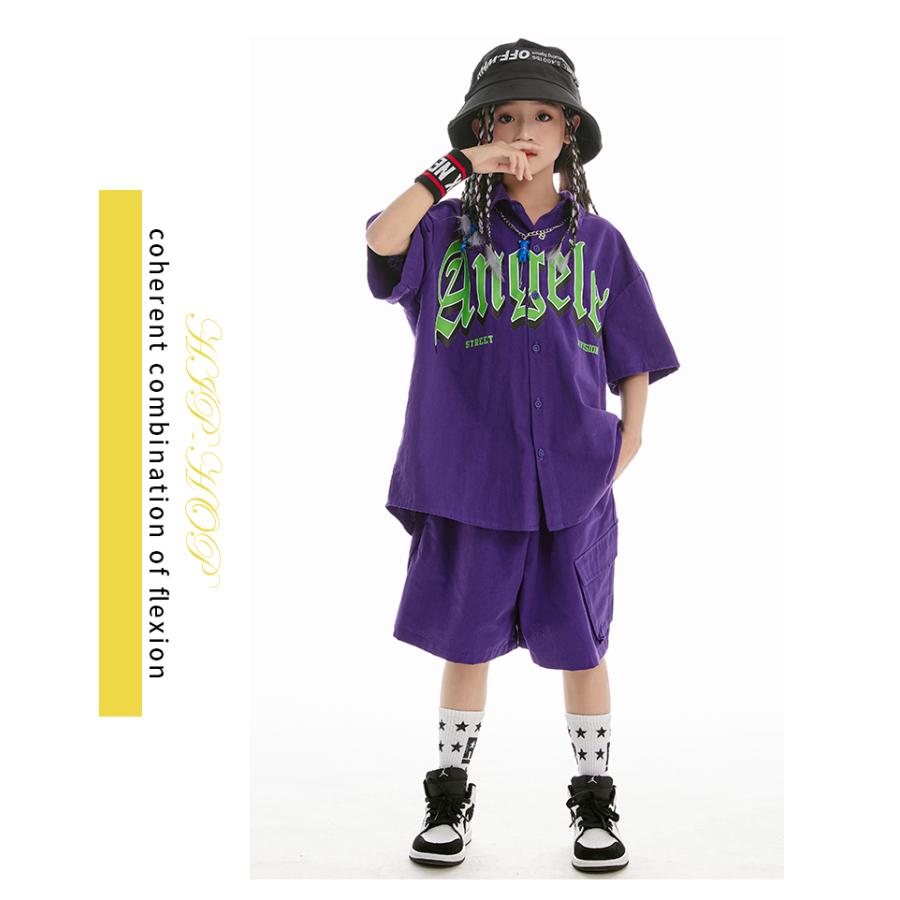 キッズダンス衣装 セットアップ ヒップホップ 衣装 紫 ダンス服 シャツ