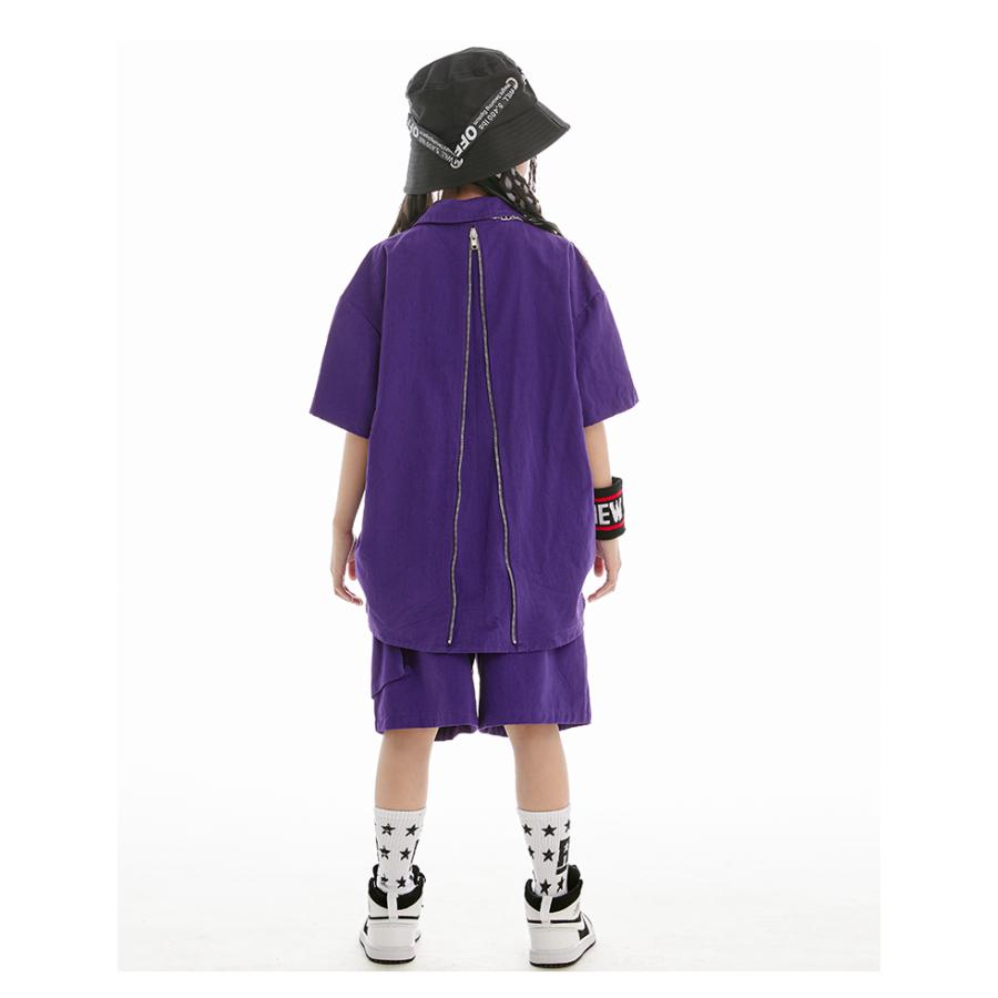 キッズダンス衣装 セットアップ ヒップホップ 衣装 紫 ダンス服 シャツ