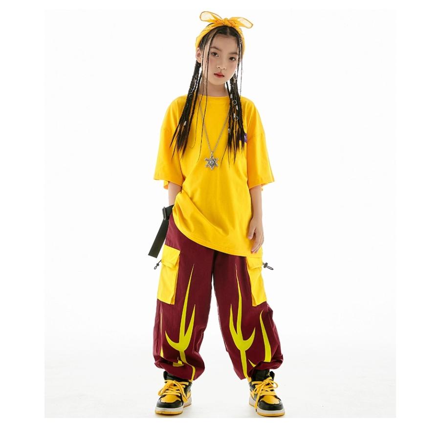 ヒップホップ 衣装 キッズダンス衣装 セットアップ 韓国 子供ダンス服 派手黄色 K-POP hiphop 男の子 ガールズ ダンス衣装 キッズ Tシャツ パンツの画像