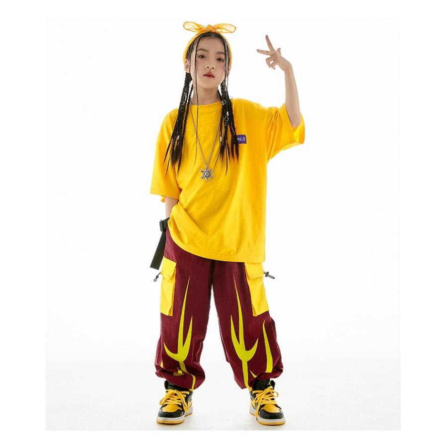 ヒップホップ 衣装 キッズダンス衣装 セットアップ 韓国 子供ダンス服 派手黄色 K-POP hiphop 男の子 ガールズ ダンス衣装 キッズ Tシャツ パンツの画像