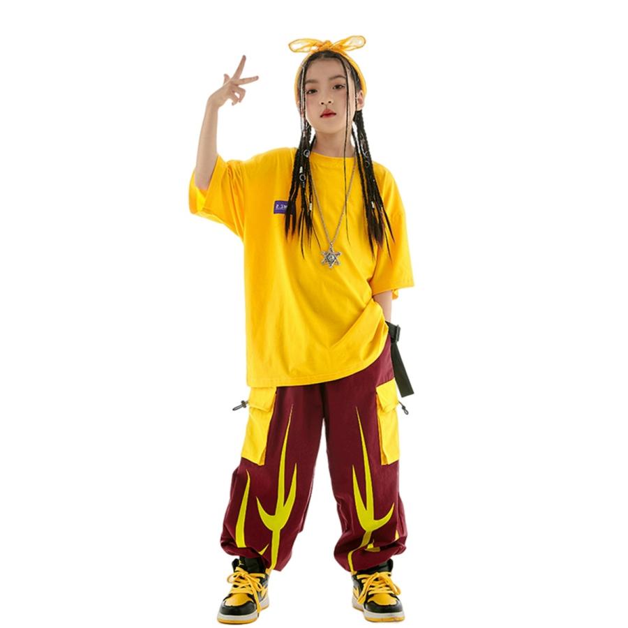 ヒップホップ 衣装 キッズダンス衣装 セットアップ 韓国 子供ダンス服 派手黄色 K-POP hiphop 男の子 ガールズ ダンス衣装 キッズ Tシャツ パンツの画像